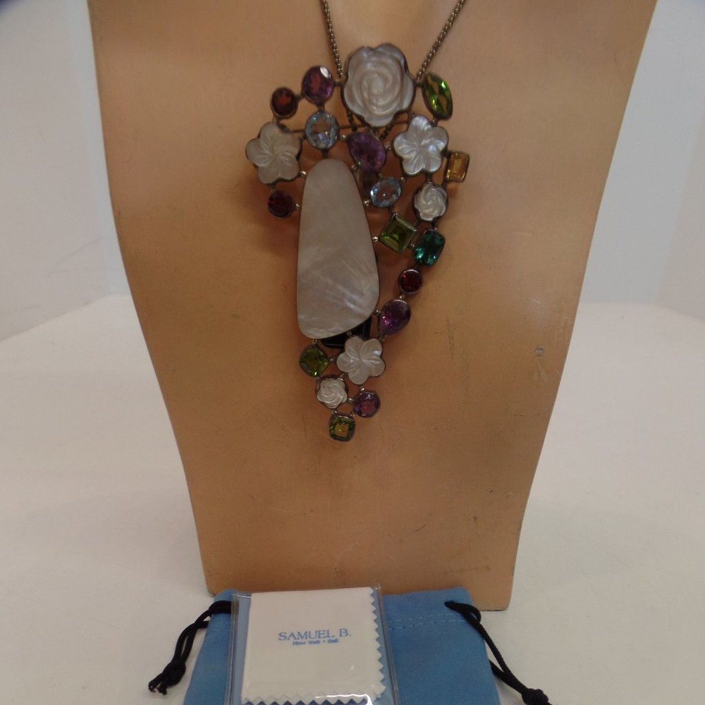 Samuel B BJC Multi Color Authentic Gemstone MOP Necklace Brooch Stamped 9.25